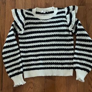 LOFT Black and White Striped Ruffle Sleeve Sweater